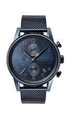Hugo Boss BOSS Navigator HB1513538 kronografklocka för herrar fotograferad rakt framifrån. Klockan har en mörkblå boett, blått mesh-armband och blå urtavla med tydliga siffror.