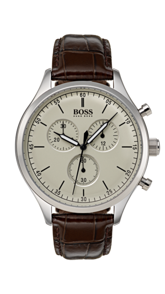 Hugo Boss BOSS Companion HB1513544 kronografklocka för herrar fotograferad rakt framifrån. Klockan har en boett i rostfritt stål, beigefärgad urtavla och brunt läderband.