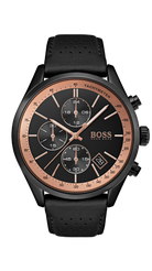 Hugo Boss BOSS Grand Prix HB1513550 kronografklocka för herrar. Svart PVD-boett i rostfritt stål, perforerat svart läderband och svart urtavla med roséguldfärgade detaljer.