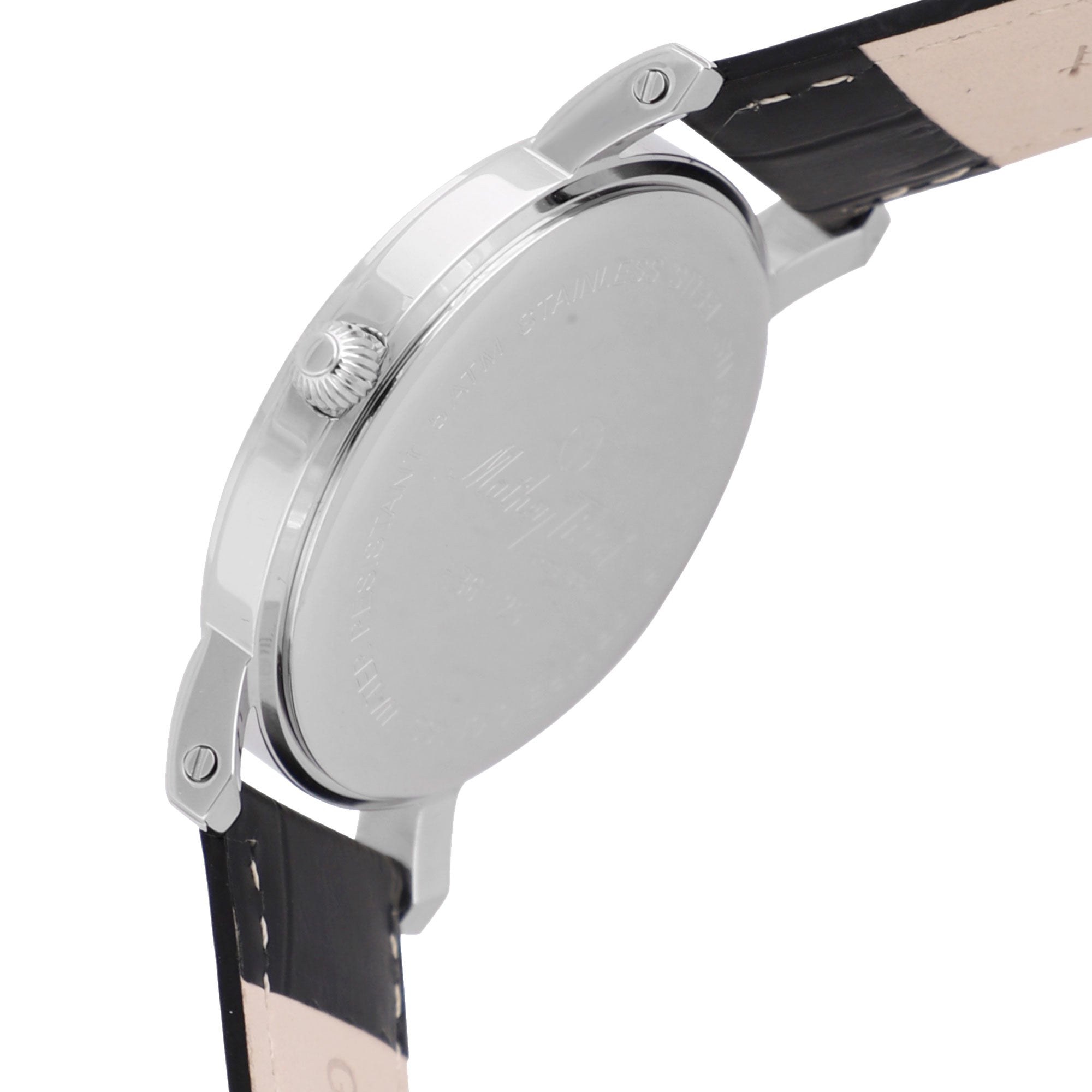 Mathey-Tissot City Leather HB611251ABR klockans baksida är silverfärgad.