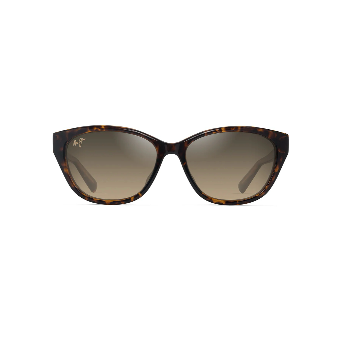 Tyylikkäät, naiselliset Maui Jim Pūnono -aurinkolasit suoraan edestä kuvattuna. Pehmeä cat-eye-siluetti, kiiltävän tummanruskeat Dark Havana -kehykset ja ruskehtavat, liukuvärjätyt linssit.