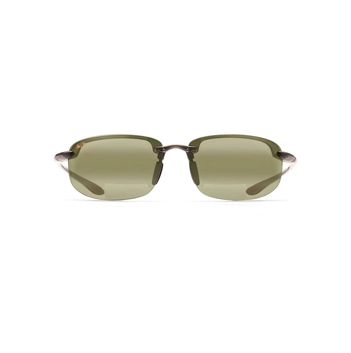 Urheilulliset ja kehyksettömät Maui Jim Ho'okipa Reader -aurinkolasit suoraan edestä. Savunharmaa runko, vihertävät Maui HT -linssit ja huomaamaton lukualue linssien alaosassa.