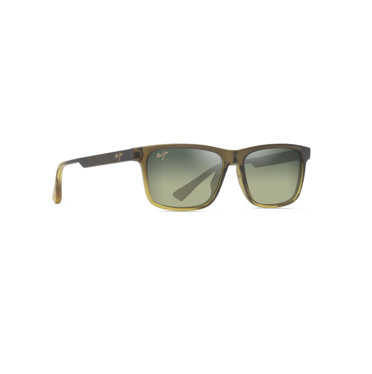 Maui Jim 'Okina -aurinkolasit etuviistosta, jossa näkyy kehyksen liukuväri vihreästä keltaiseen sekä sangan sisäpuolen hienostunut havaijalainen koristekuviointi.