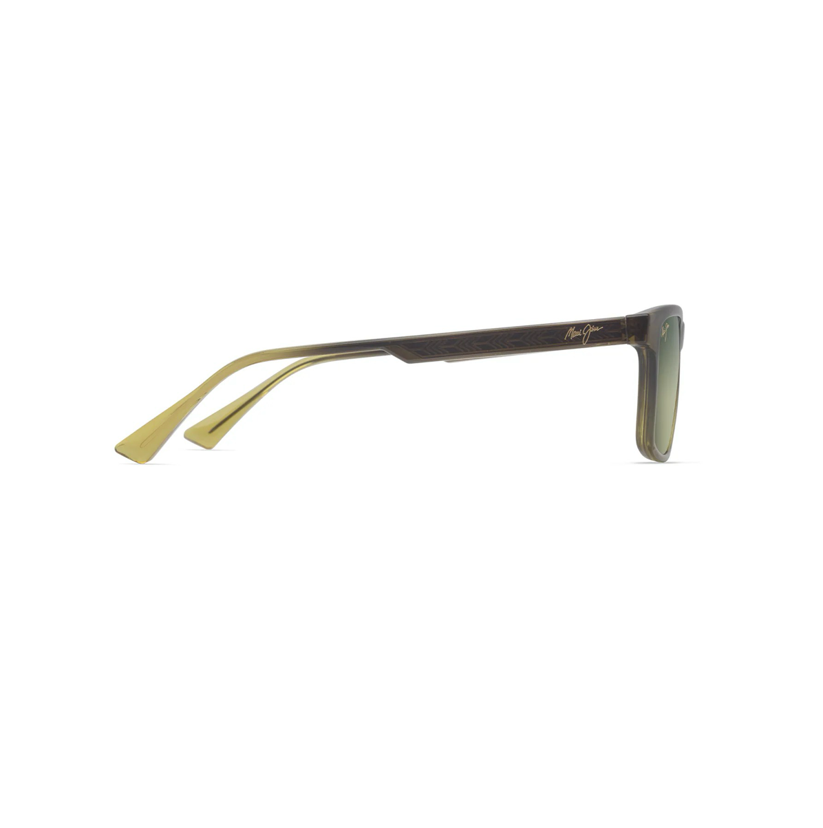 Profiilikuva miesten Maui Jim 'Okina -aurinkolaseista sivulta katsottuna. Siron ja tyylikkään läpinäkyvän sangan läpi kuultava sisärakenne ja sen yksityiskohdat.