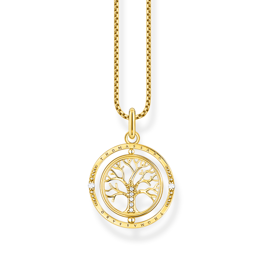 Thomas Sabo Tree Of Love KE2148-414-14-L45 halsband med tunn förgylld silverkedja och runt hänge bestående av två sammanlänkade ringar. I den inre ringen finns ett lövfattigt träd dekorerat med zirkoner. Den yttre ringen är också dekorerad med zirkoner.