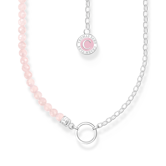 Thomas Sabo Charm Necklace With Beads KE2190-067-9-L45 halsband med rosenkvarts-pärlor på ena sidan och silverkedja på andra sidan. I mitten en silverring för att hänga charms.