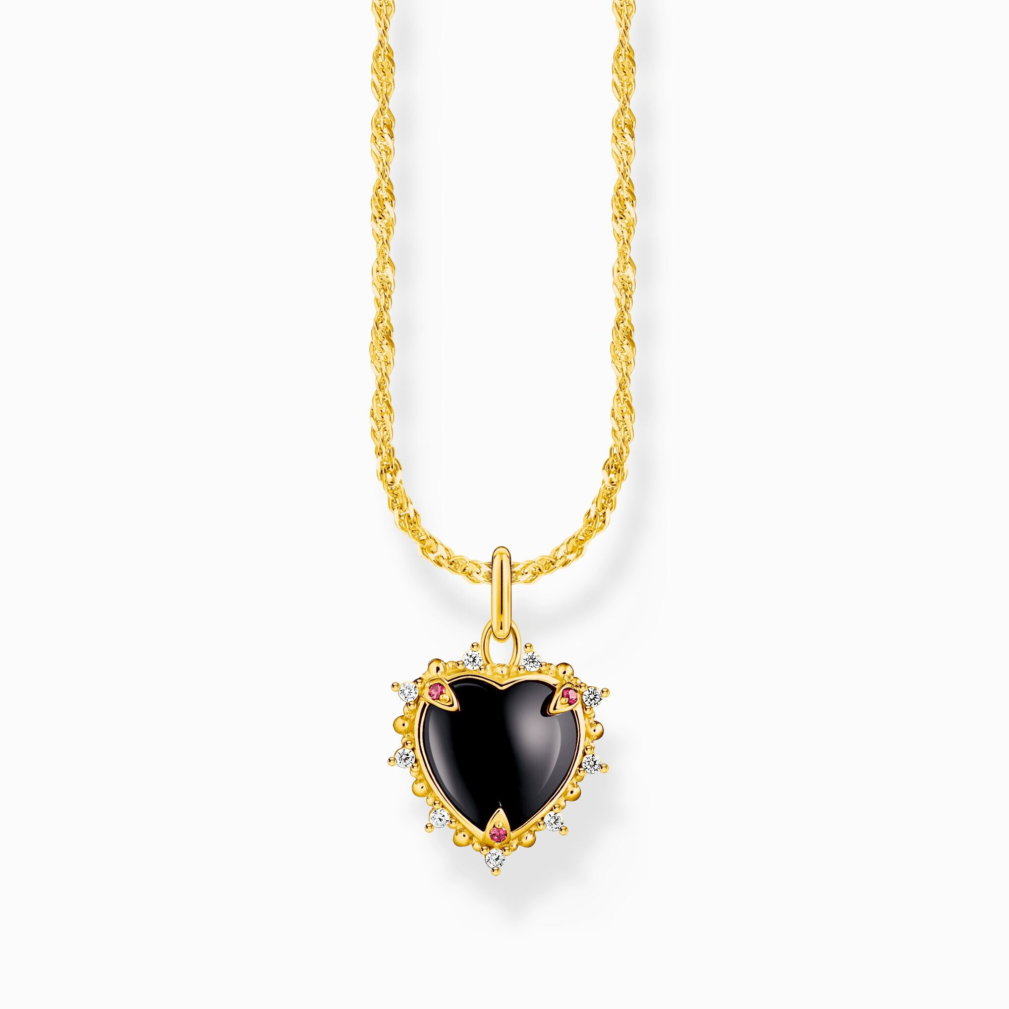 Thomas Sabo Necklace Pendant Heart Romance KE2297-995-11-L45V halsband med tunn vriden förgylld silverkedja och svart hjärthänge med dekorativ förgylld silverkant dekorerad med zirkoner och rubiner.
