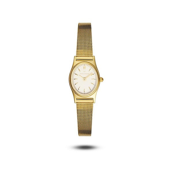 Elegant Mockberg Retro Mesh Gold MB0253 damklocka fotograferad rakt framifrån. Lyxig guldfärgad oval boett, guldfärgad bezel, vit oval urtavla samt ett sofistikerat guldfärgat mesharmband.
