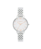 Olivia Burton Whte Demi Glitter OB16GD68 damklocka har en rund, silverfärgad glittrande urtavla med roséguldfärgade index och visare. Ramen, boetten och remmen är silverfärgade. Ramen är dekorerad med strass.