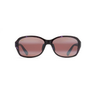 Naiselliset pyöristetyt Maui Jim Koki Beach -aurinkolasit suoraan edestä katsottuna. Tummanpuhuva purppura kilpikonnakehys ja tyylikkäät ruusunpunaiset linssit.