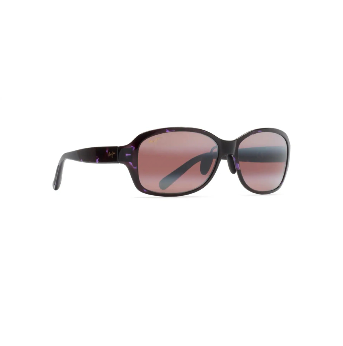 Maui Jim Koki Beach Purple Tortoise -aurinkolasit etuviistosta esitellen keveää nailonrunkoa, satulasiltaa ja sankojen kaunista purppuraa kuviointia.