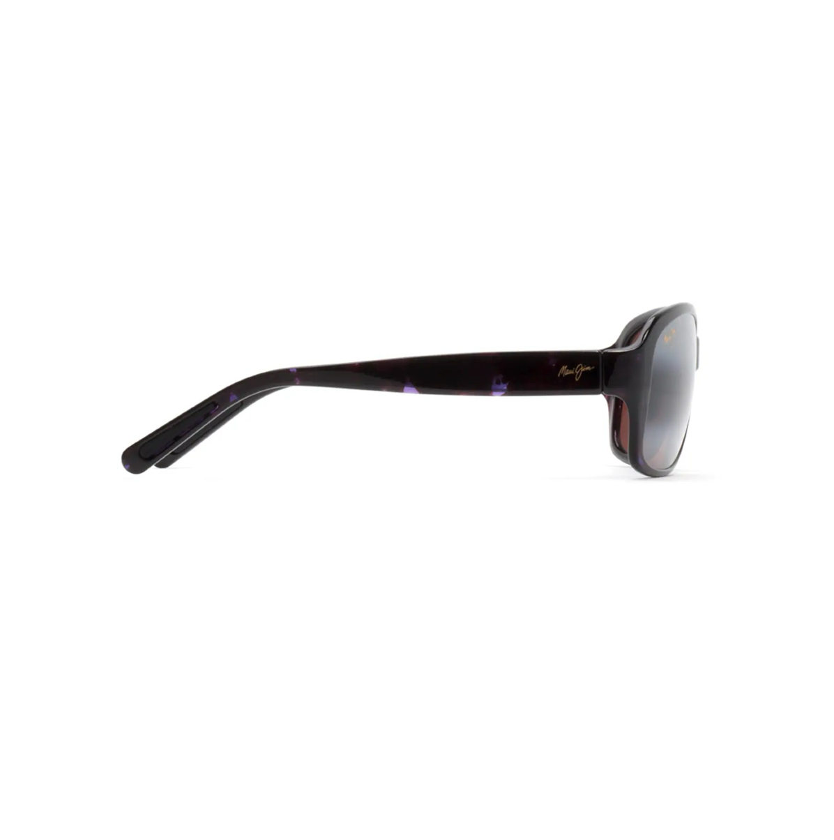 Profiilikuva Maui Jim Koki Beach -aurinkolaseista sivulta. Siro ja ergonomisesti muotoiltu purppura aisa, jossa on hillitty, tyylikäs brändilogo.