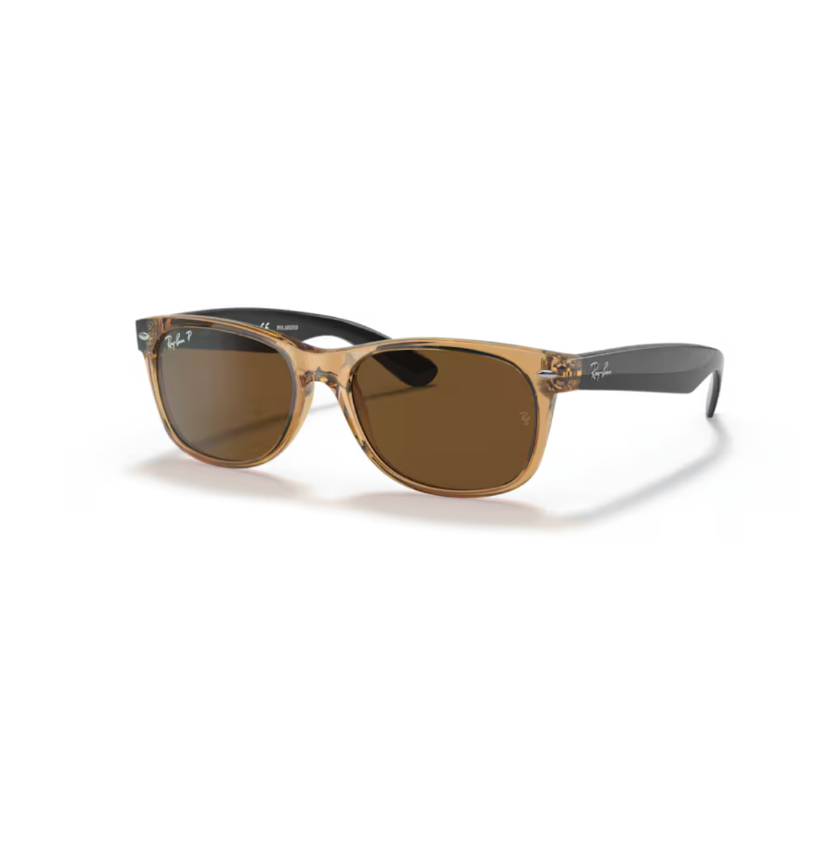 Ray-Ban New Wayfarer RB2132 945/57 aurinkolasit hunajansävyisellä kehyksellä, mustilla aisoilla ja ruskeilla polarisoiduilla linsseillä.