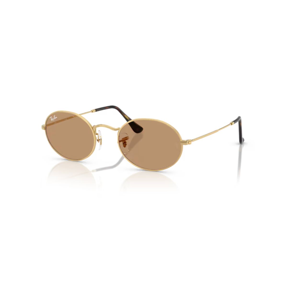 Ray-Ban Oval RB3547 aurinkolasit kiiltävällä kullanvärisellä metallirungolla ja tasaisen ruskeilla mineraalilasilinsseillä.