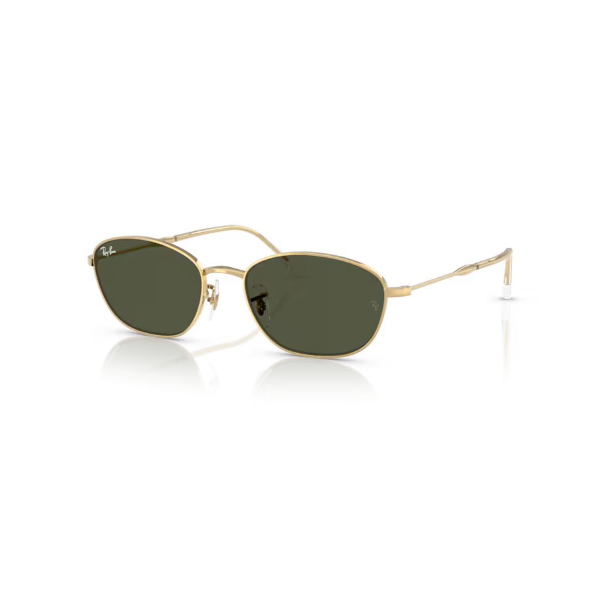 Ray-Ban RB3749 aurinkolasit kuvattuna viistosti edestä, tuoden esiin kultaiset metallikehykset, epäsäännöllisen linssimuodon ja säädettävät nenätyynyt.