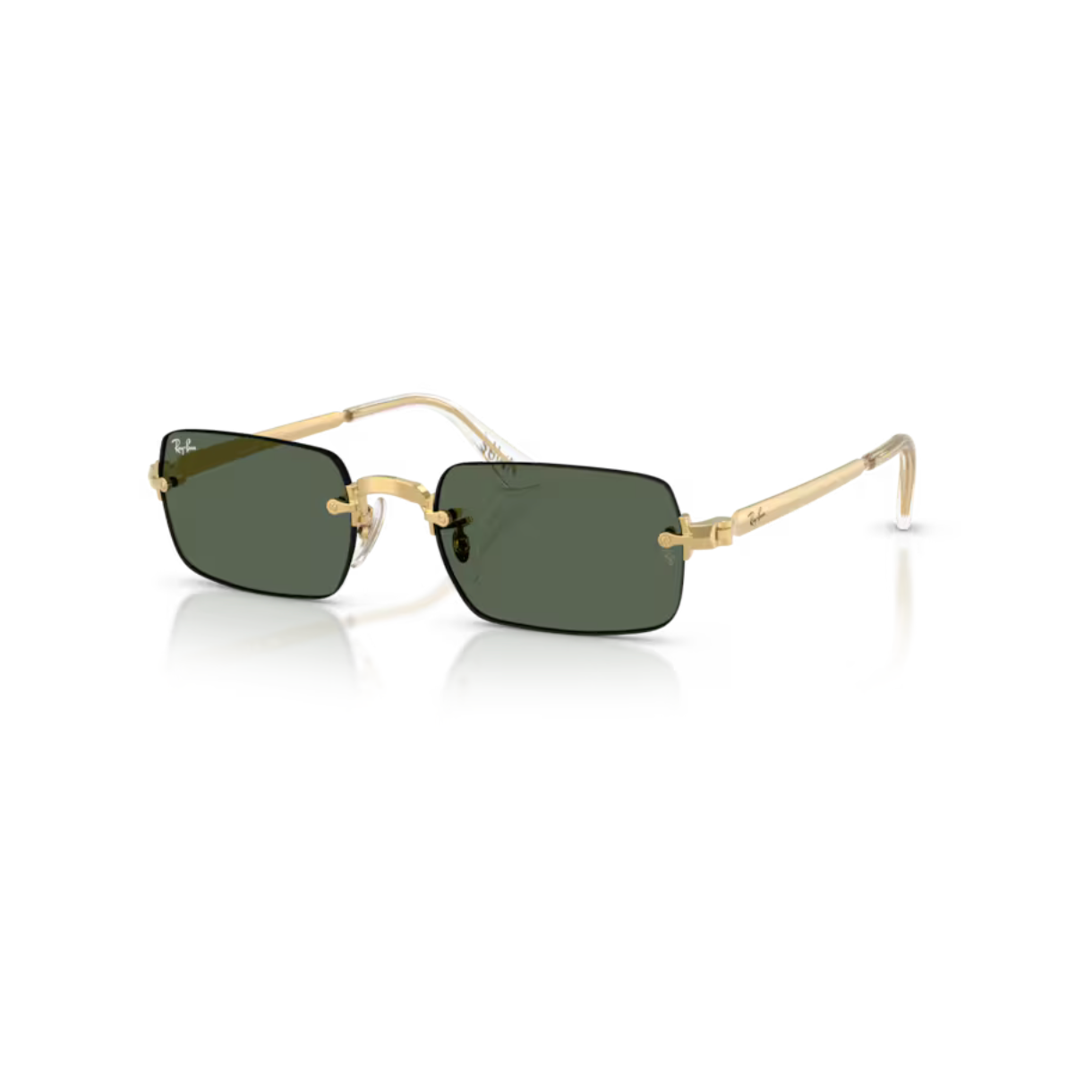 Ramlösa Ray-Ban RB3928 By A$AP Rocky solglasögon med guldfärgade metallskalmar och klassiska mörkgröna linser.
