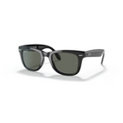 Ray-Ban Folding Wayfarer RB4105 aurinkolasit kiiltävän mustalla kehyksellä, korostaen kokoontaitettavia sangoja ja tummanvihreitä linssejä.