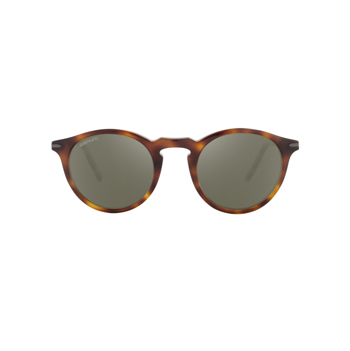 Runda Serengeti Raffaele SS041010 solglasögon fotograferade rakt framifrån. Klassisk brun sköldpaddsmönstrad acetatbåge, nyckelhålsbrygga och gröna Mineral Polarized 555nm minerallinser.