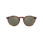 Pyöreät Serengeti Raffaele SS041010 -aurinkolasit suoraan edestä kuvattuna. Perinteinen ruskea kilpikonnakuvioinen asetaattikehys, avaimenreikäsilta ja vihreät Mineral Polarized 555nm -mineraalilinssit.