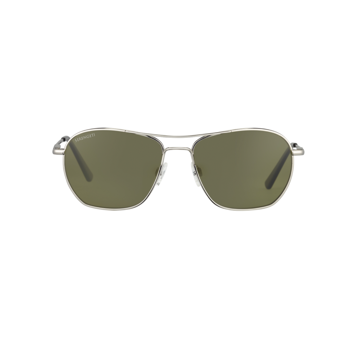 Moderna Serengeti Lunger SS545002 pilotsolglasögon fotograferade rakt framifrån. Glänsande silver metallbåge (Shiny Silver), dubbelbrygga och gröna Mineral Polarized 555nm minerallinser.
