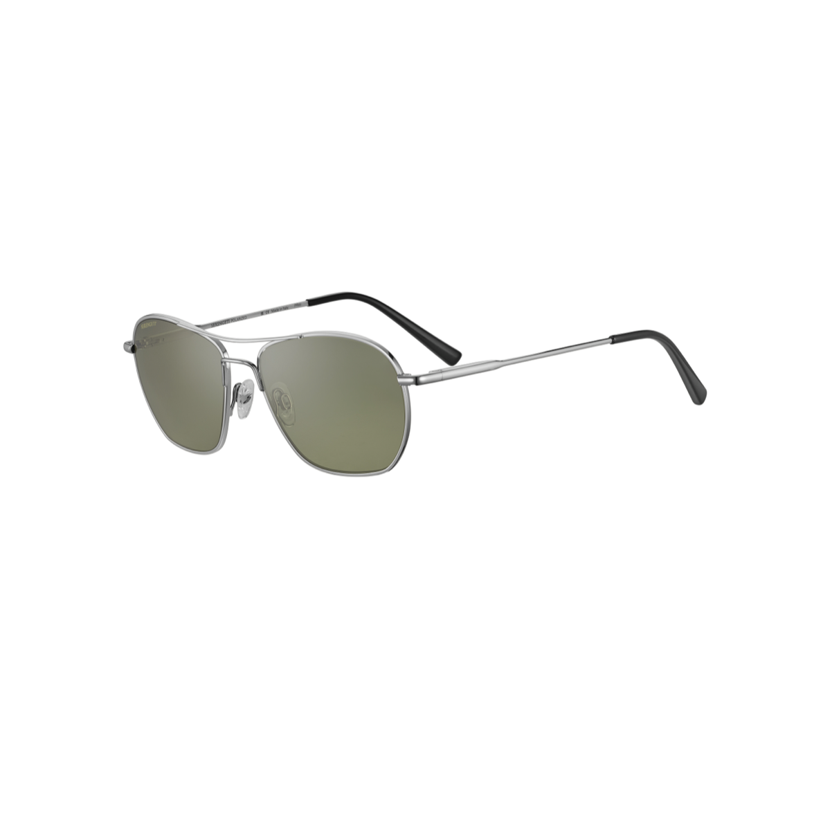 Eleganta Serengeti Lunger Shiny Silver solglasögon fotograferade snett framifrån från vänster, vilket visar den tunna metallbågens design och skalmändarna i acetat.