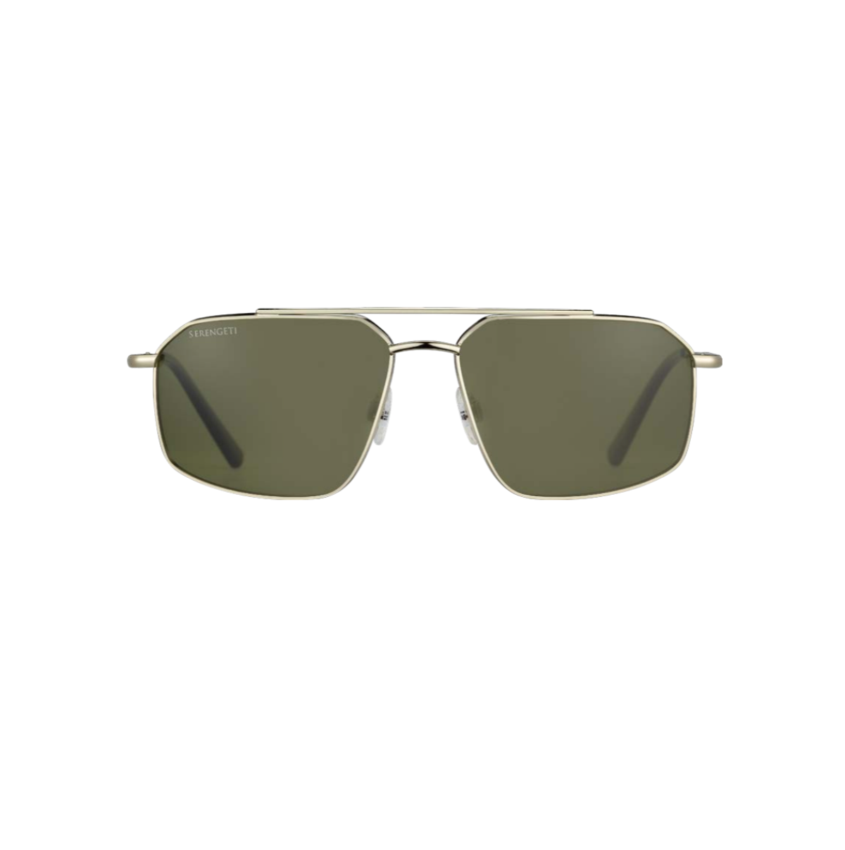 Geometriset Serengeti Wayne SS546001 -aurinkolasit suoraan edestä kuvattuna. Vaaleakultainen metallikehys (Light Gold), klassinen tuplasilta ja vihreät Mineral Polarized 555nm -mineraalilinssit.
