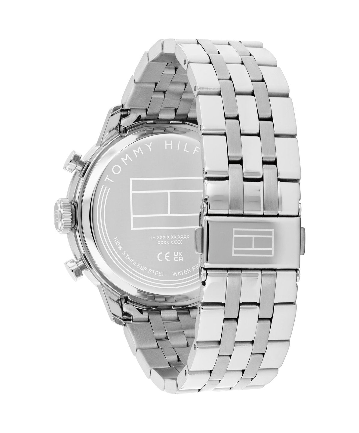 Baksidan av Tommy Hilfiger TH1710753 med graverad logotyp och teknisk information.
