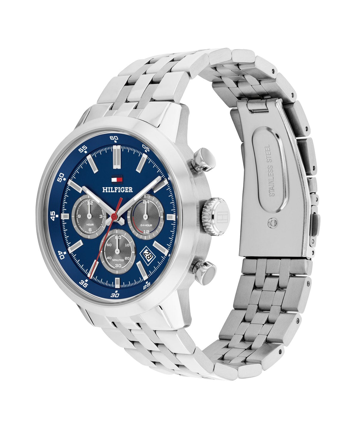 Stålklocka från Tommy Hilfiger för herrar med 43 mm boett och datumvisning.