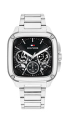 Miesten Tommy Hilfiger TH1710758 -rannekello teräsrannekkeella ja mustalla kellotaululla.