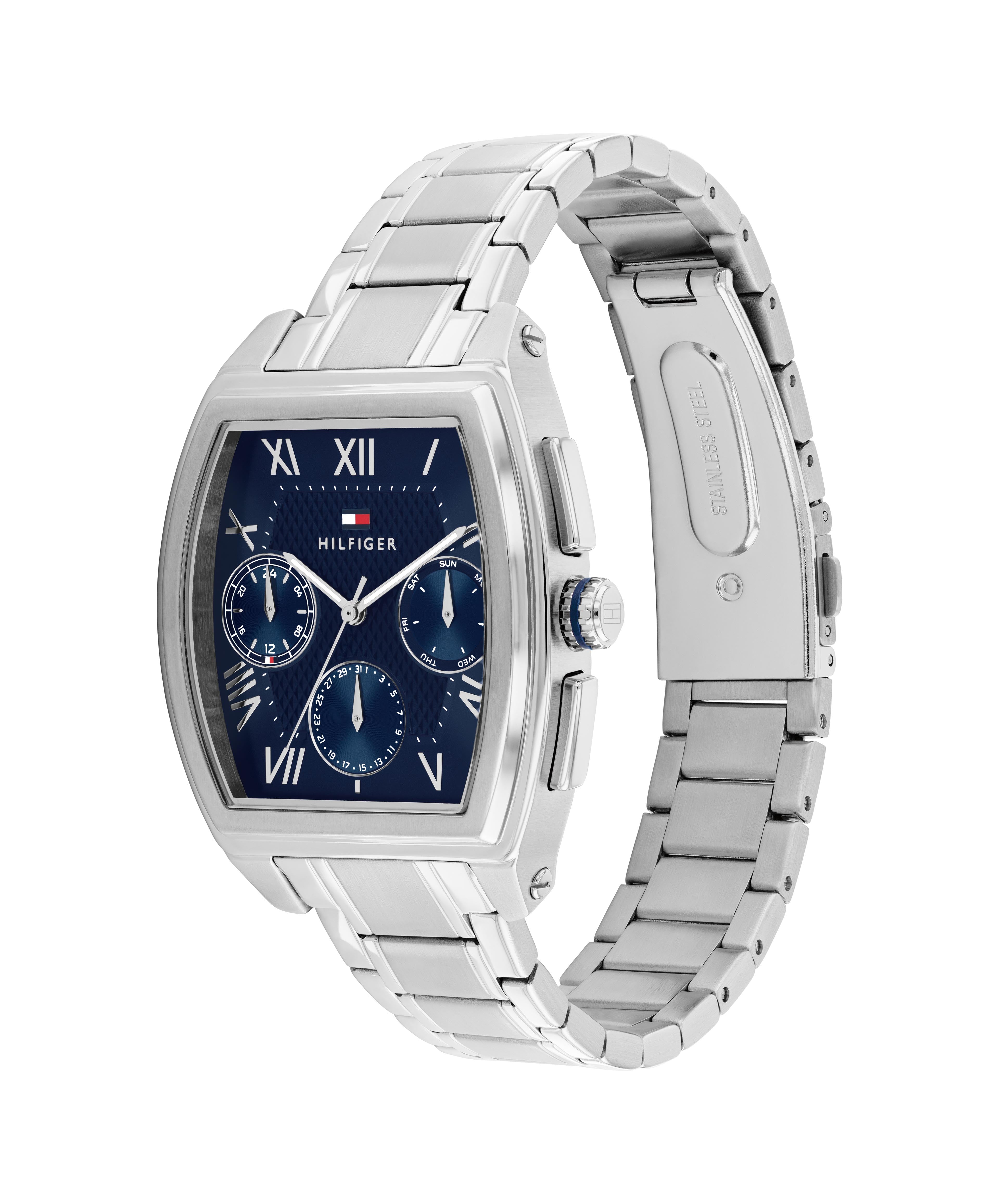 Silverfärgad Tommy Hilfiger-klocka för herrar med 36 mm boett och tydlig datumvisning.
