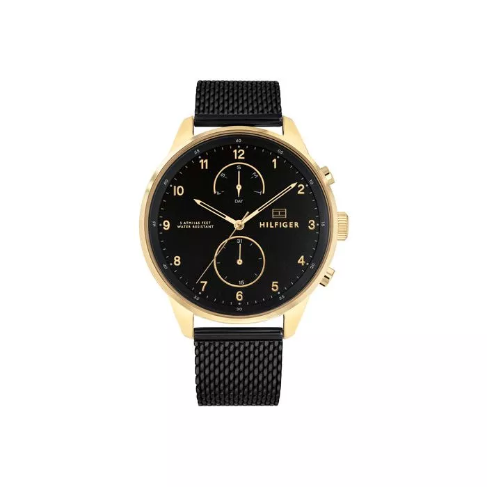 Tommy Hilfiger Chase TH1791580 herrklocka med guldfärgad boett och svart mesharmband.