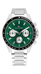 Miesten Tommy Hilfiger TH1792211 -rannekello vihreällä kellotaululla, mustalla tachymeter-kehällä ja hopeanvärisellä teräsrannekkeella.