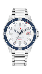 Tommy Hilfiger TH1792227 herrklocka med gräddvit urtavla, mörkblå bezel och silverfärgat stålarmband.
