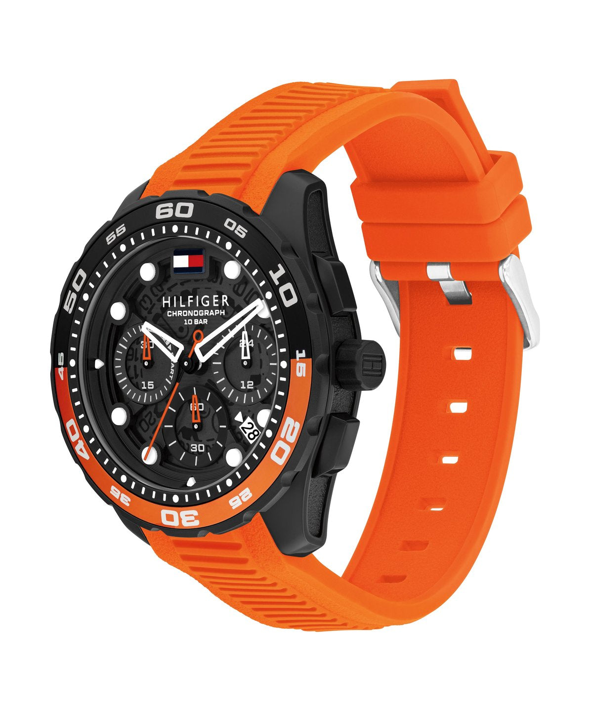 Svart Tommy Hilfiger-klocka för herrar med ett lysande orange armband och tidtagning.
