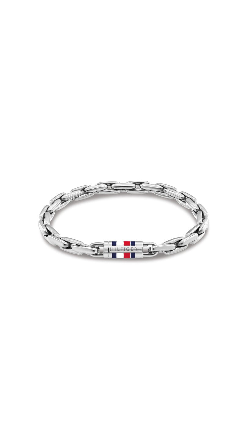 Silverfärgat Tommy Hilfiger Chains THJ2790749 stålarmband för herrar med blå-vit-rött flagglås.