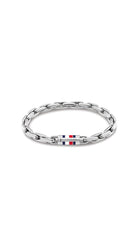 Hopeanvärinen miesten Tommy Hilfiger Chains THJ2790749 -teräsrannekoru, jossa sinipunavalkoinen lippulukko.