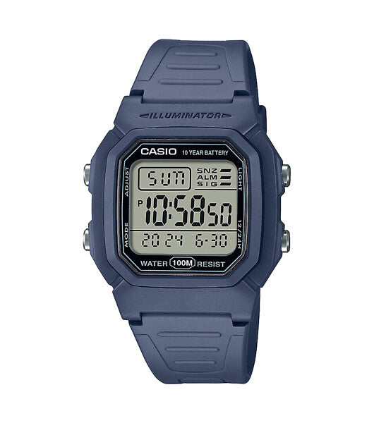 Casio Timeless Digital W-800H-2AVES klocka har en fyrkantig digital urtavla och blå ram och rem.