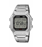 Fyrkantig digital Casio Digital Timeless W-800HD-1AVEF armbandsur för beväringar fotograferad rakt framifrån. Klockan har en grå hartsboett, tydlig digital display och ett silverfärgat stålarmband.