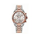 Thomas Sabo Divine Spirit WA0221-272-201 damklocka med kronograf fotograferad rakt framifrån. Klockan har en tvåfärgad boett och armband i roséguld och stål, räfflad ring och ljus urtavla med romerska siffror.