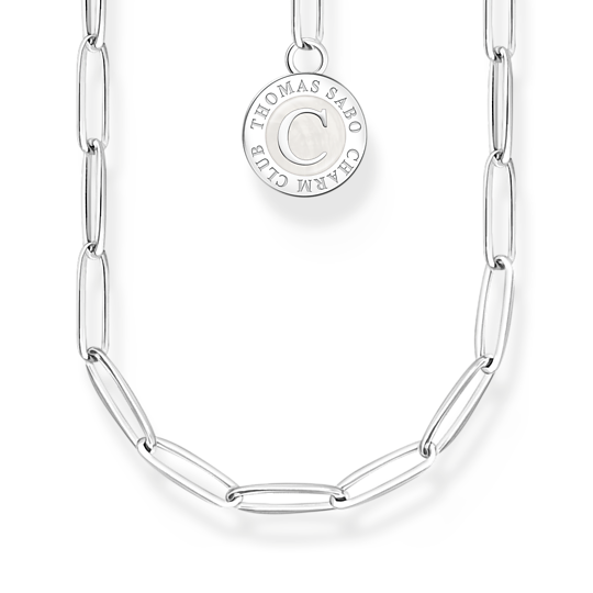 Thomas Sabo Charm X2089-007-21-halsbandet har en Cham Cub-platta i änden. Kedjan är en länkkedja.