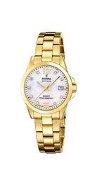 Festina Swiss Made F20050/1 damklocka har en rund urtavla i pärlemor med datumvisning och guldfärgade index och visare. Ramen, boetten och remmen är guldfärgade.