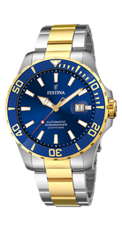 Festina F20532/1 Automatic herrklocka har en rund, blå urtavla med datumvisning och guldfärgade, självlysande index och visare. Ramen är blå med guldfärgade minutmarkeringar. Remmen är silverfärgad med guldfärgade detaljer.