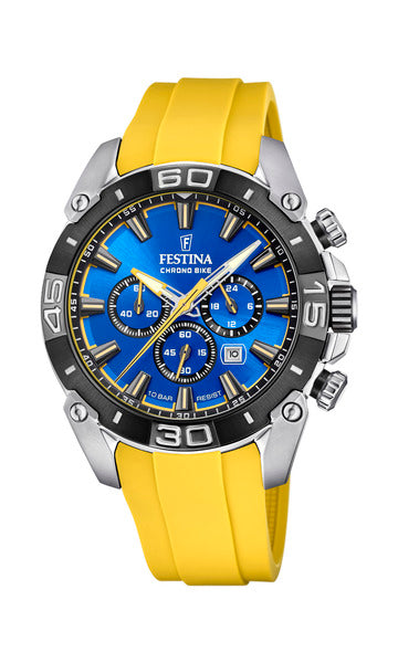 Urheilullinen Festina Chrono Bike miesten kello F20544/4 keltaisella silikonirannekkeella ja sinisellä taululla