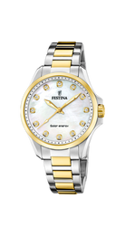 Festina Petite Cream Solar F20655/1 damklocka har en rund urtavla i pärlemor med guldfärgade index och visare. Ramen är guldfärgad. Boetten och remmen är silverfärgade med guldfärgade detaljer.