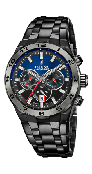 Festina F20673/1 Chrono Bike herrklocka har en rund, svart och blå urtavla med kronograf, datumvisning och 12/24h-visning. Index och visare är självlysande. Ramen och remmen är svarta.