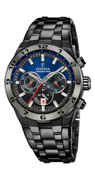 Festina F20673/1 Chrono Bike herrklocka har en rund, svart och blå urtavla med kronograf, datumvisning och 12/24h-visning. Index och visare är självlysande. Ramen och remmen är svarta.