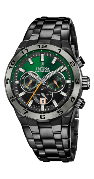 Festina F20673/2 Chrono Bike herrklocka har en rund, svart och grön urtavla med kronograf, datumvisning och 12/24h-visning. Index och visare är självlysande. Ramen och remmen är svarta.