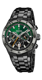 Festina F20673/2 Chrono Bike herrklocka har en rund, svart och grön urtavla med kronograf, datumvisning och 12/24h-visning. Index och visare är självlysande. Ramen och remmen är svarta.