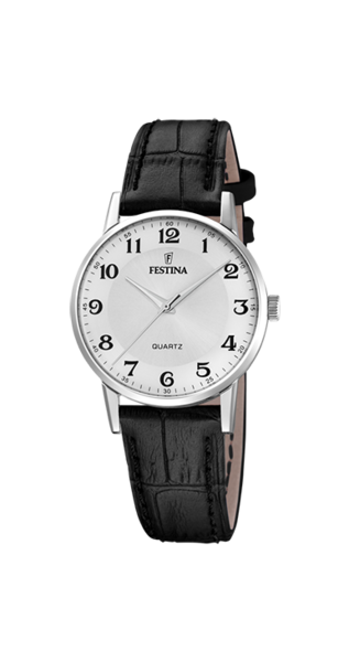Festina Classic F20691/1 damklocka har en rund, vit urtavla med svarta numeriska index och silverfärgade visare. Ramen och boetten är också silverfärgade. Remmen är en svart läderrem med svarta sömmar.