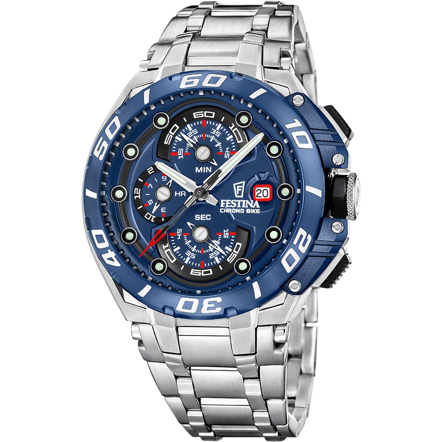 Sportig Festina Chrono Bike F20754/4 herrkronograf fotograferad direkt framifrån. Klockan har en kraftfull 46 mm stålboett, brett stålarmband och en blå urtavla med sex visare.